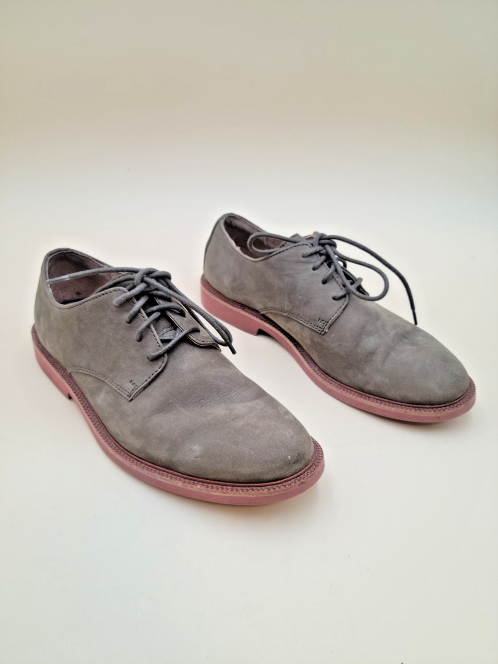 Polo Ralph Lauren Men Gray Nubuck Leather Derby Oxford Shoes Brick Red Sole 8D